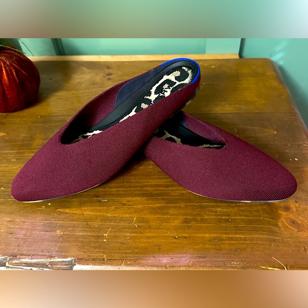 Rothy’s washable Almond Demi Mules in Black Cherry